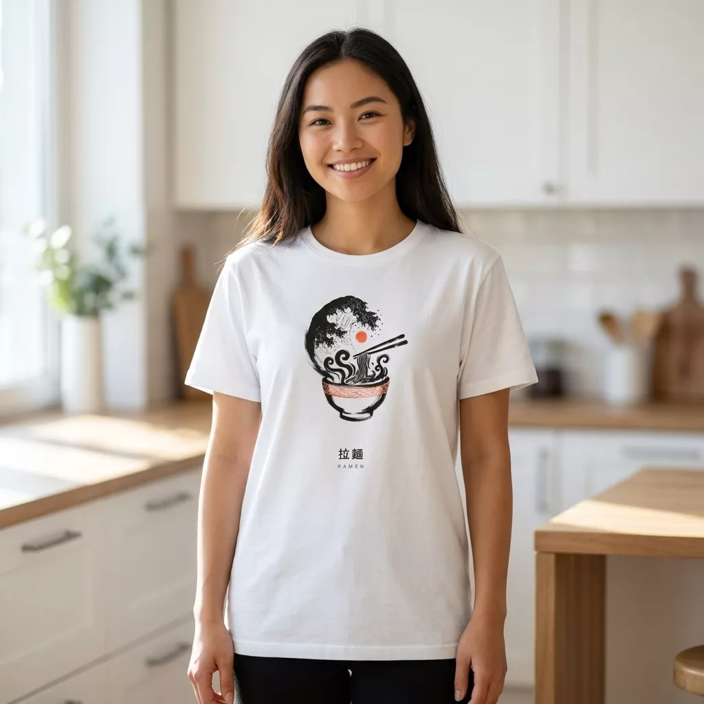 White t-shirt with a ramen bowl and Great Wave-style steam design in ink style on the chest, with matching kanji below.