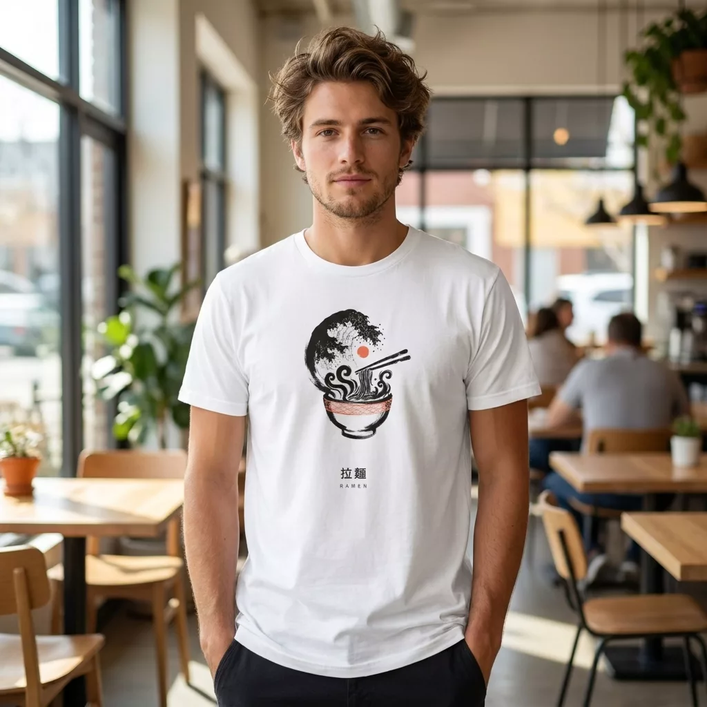 White t-shirt with a ramen bowl and Great Wave-style steam design in ink style on the chest, with matching kanji below.