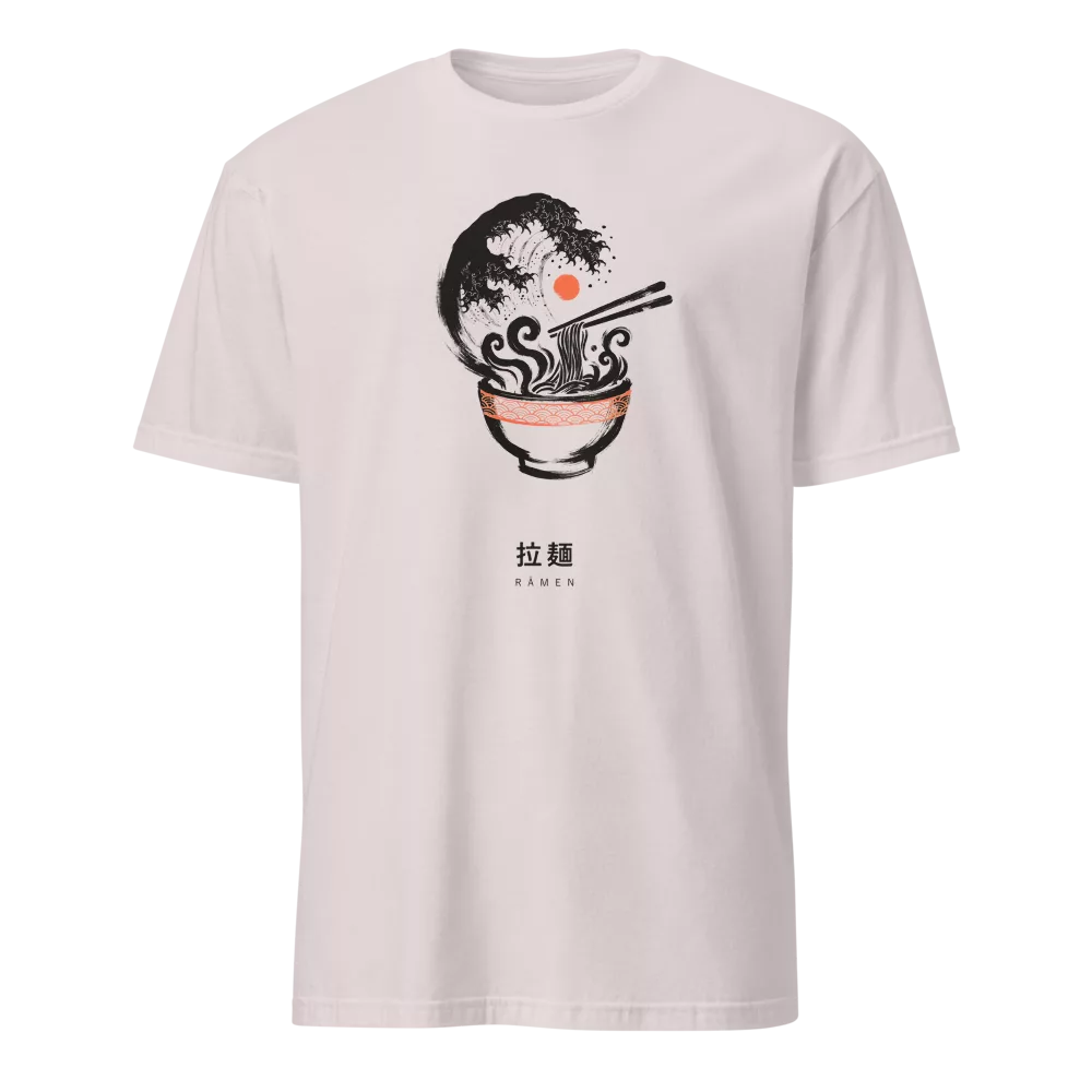 White t-shirt with a ramen bowl and Great Wave-style steam design in ink style on the chest, with matching kanji below. - Ice Grey
