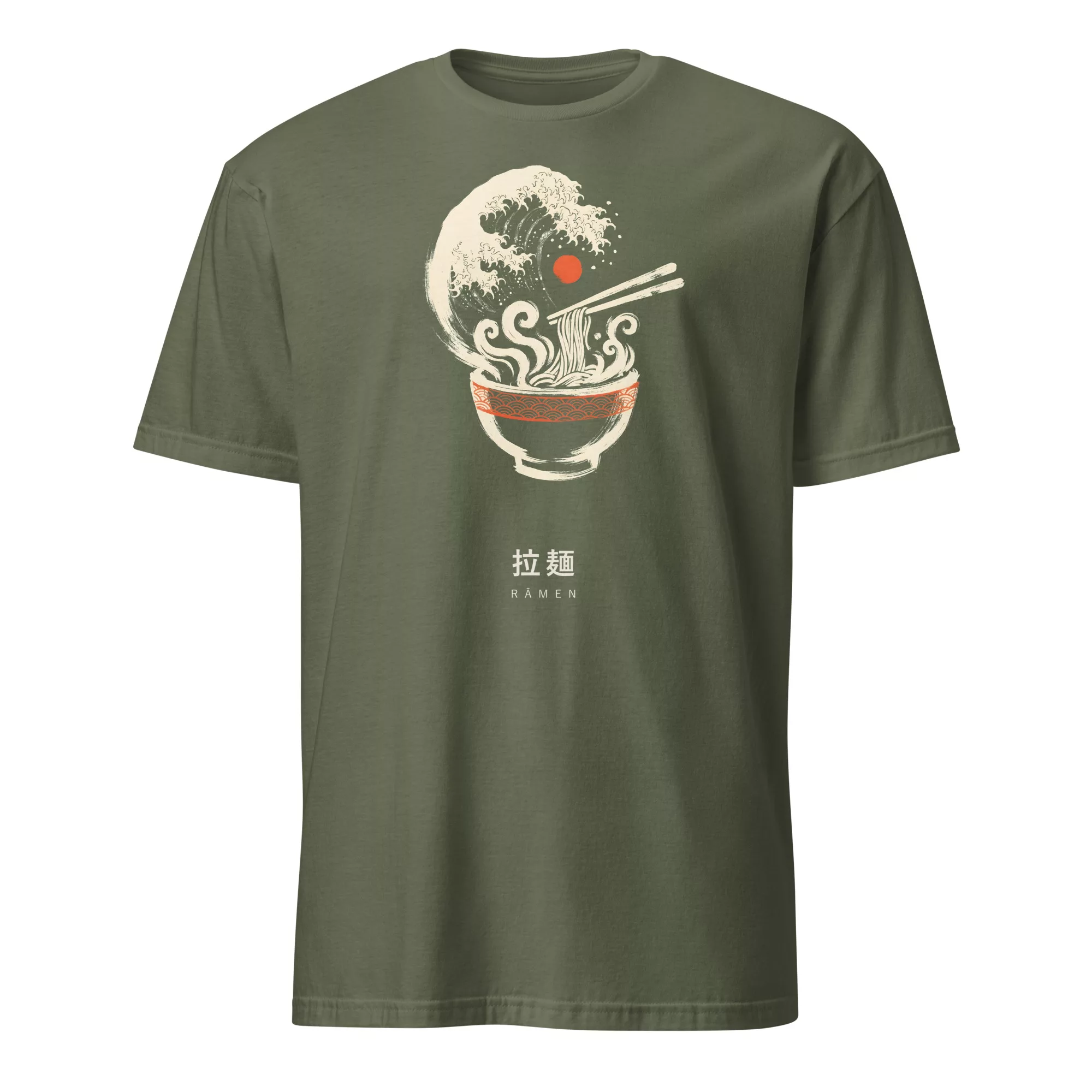 White t-shirt with a ramen bowl and Great Wave-style steam design in ink style on the chest, with matching kanji below. - Military Green