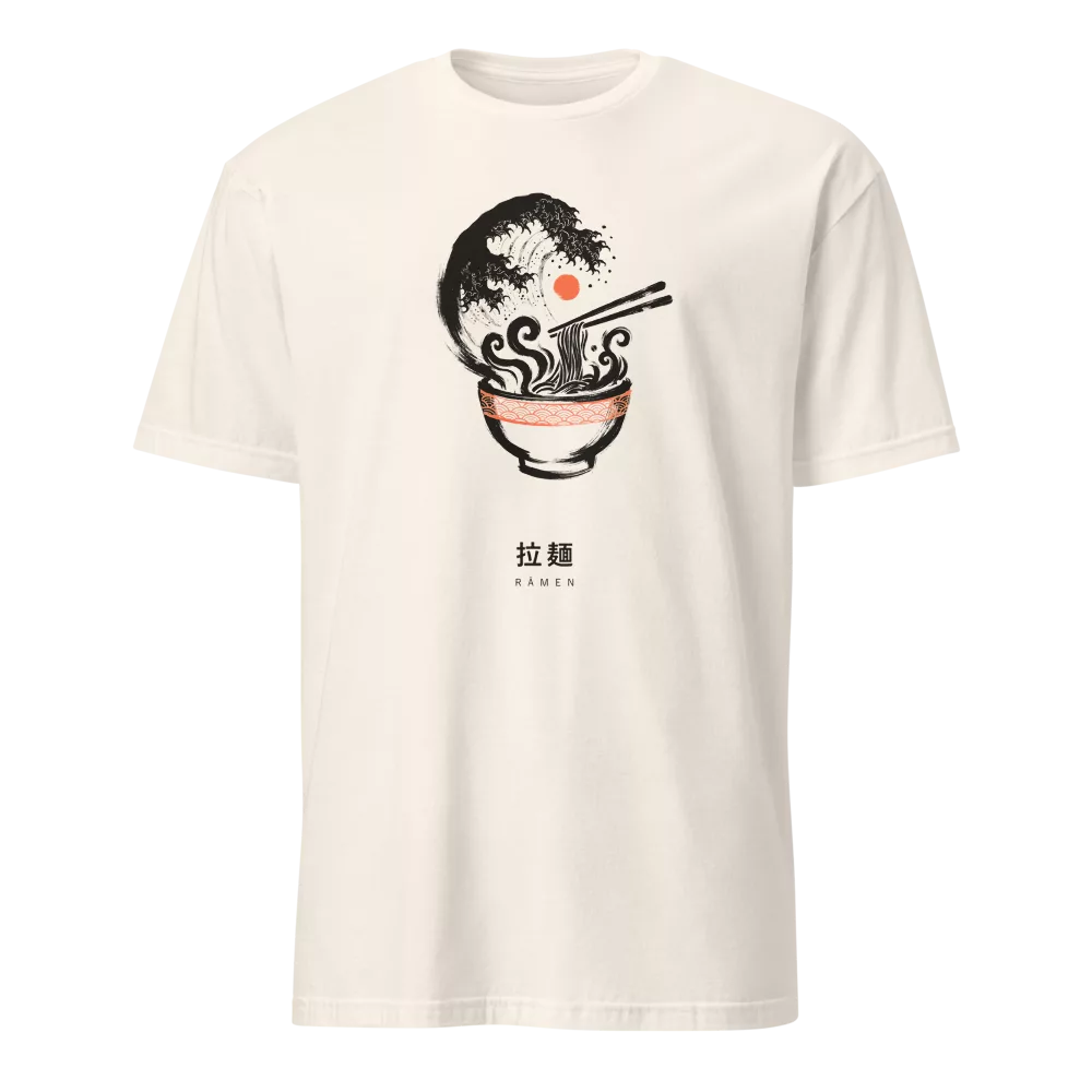 White t-shirt with a ramen bowl and Great Wave-style steam design in ink style on the chest, with matching kanji below. - Natural