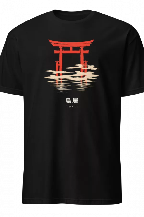 Black t-shirt with a red torii gate in ink-wash style on the chest and the kanji for torii printed below it. - Black