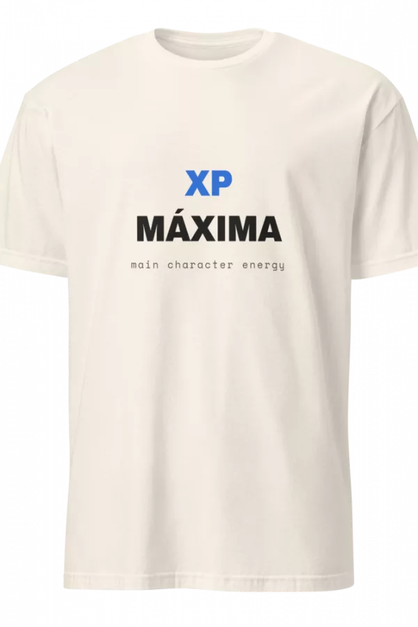 Natural cotton t-shirt with a blue XP and black MAXIMA chest print and main character energy subtext. - Natural